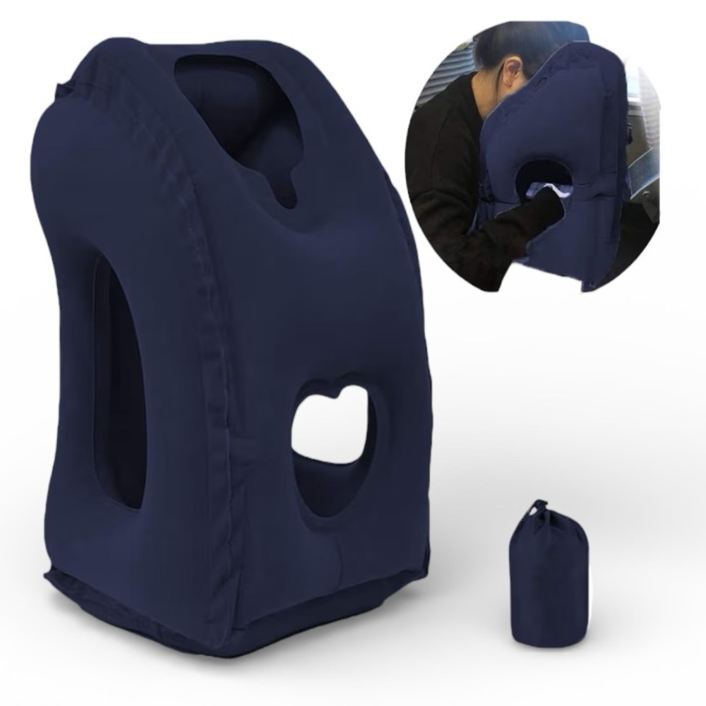 The Inflatable Lean Forward Airplane Neck Pillow Soft Comfortable Navy Blue NWT